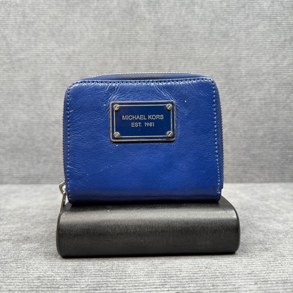 Michael Kors Cobalt Blue Leather Y2k Small Zip Around‎ Wallet Logo Plaque
